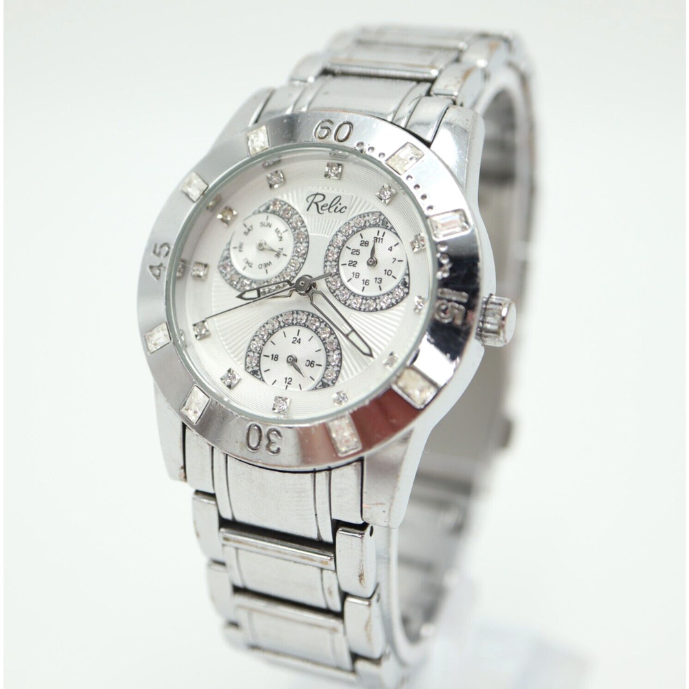 Relic Women's Watch 34mm Silver Tone Day Date Pave Bling Jewel w New Battery